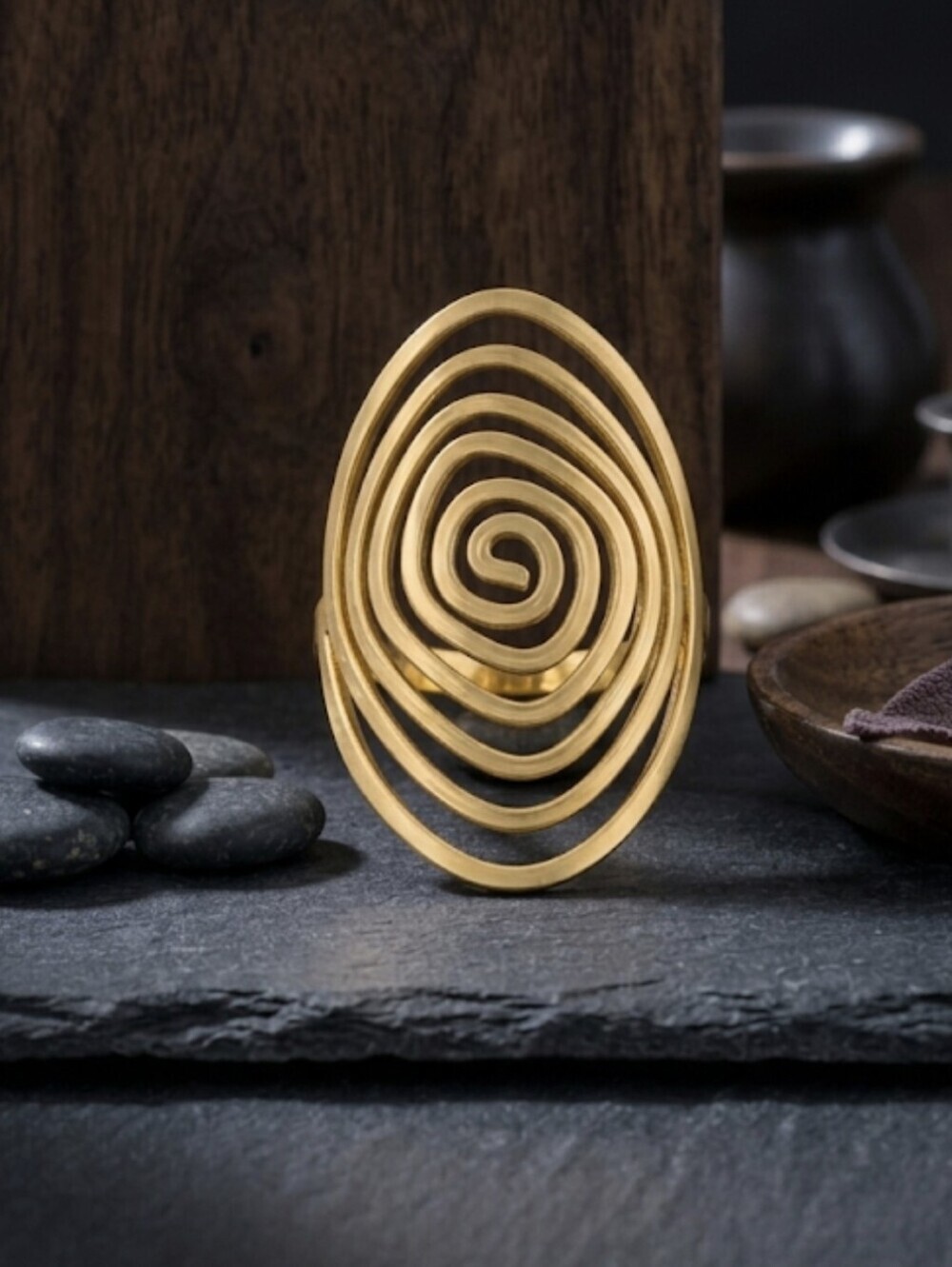 18K Gold Plated Spiral Swirl Statement Ring Mediterranean Modern Adjustable